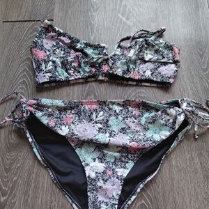 Floral Two-Piece Bikini Set in Black with Pastel Flowers